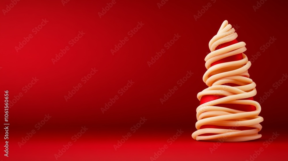 Poster red background with a spaghetti tree on it. the tree is made of spaghetti and is decorated with red 