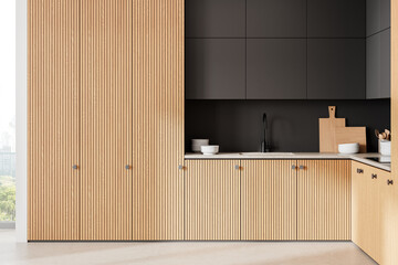 Modern Wooden Kitchen Design. 3D Rendering