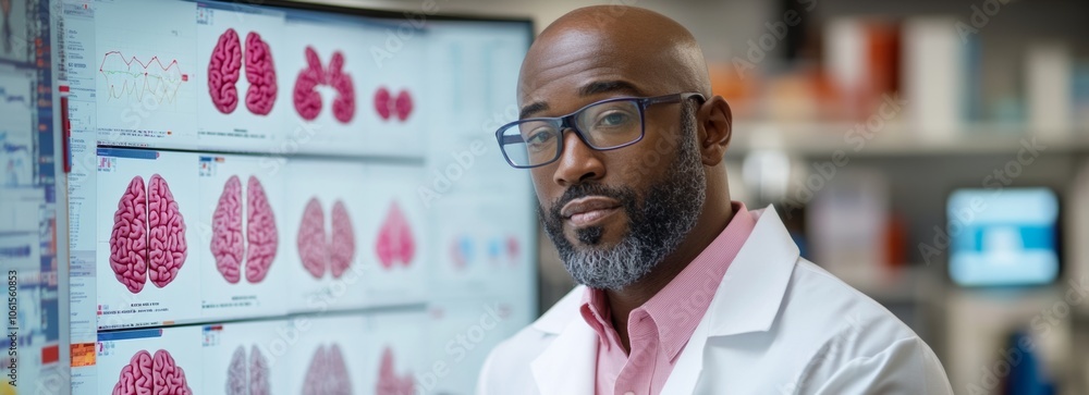 Aufkleber man in a white lab coat is looking at a computer monitor displaying images of brains. the man is foc