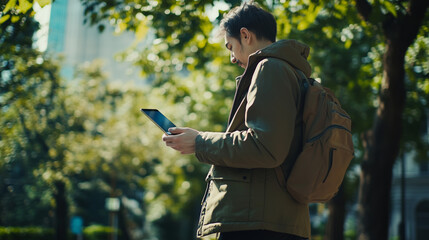 Young man outdoors using smartphone and carrying laptop, surrounded by greenery