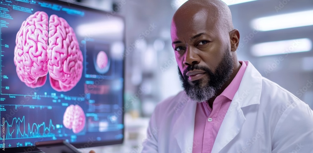 Poster man in a white lab coat stands in front of a computer monitor displaying a brain. he is focused on t