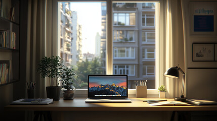 Fototapeta premium Minimalist home office setup with a laptop by a window in an urban apartment