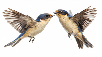 Two flying swallows isolated on a white background.