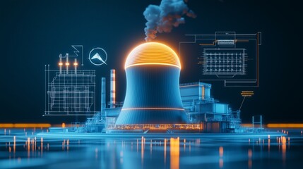 Nuclear power plant with blue lighting and digital overlays, isolated on dark background.