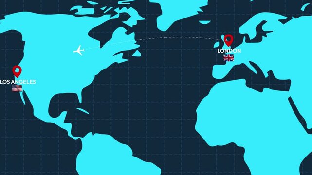 London to Los Angeles flight route 4k animation on world map with plane traveling. UK to USA city international flight route background