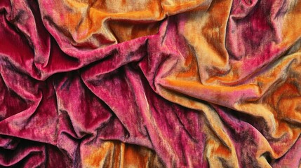 A close-up of luxurious, crumpled velvet fabric in vibrant shades of pink and orange.