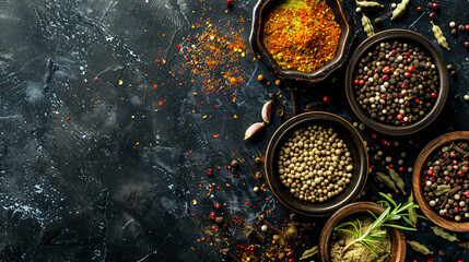 Various spices in bowls on a black concrete background, showcasing their diverse textures and colors.