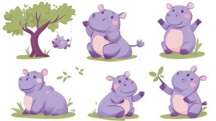 Obraz premium Cheerful Cartoon Hippos in Fun Poses Set