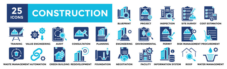 Construction icon collection set. Containing design industry, construction, site, business, safety, architecture	