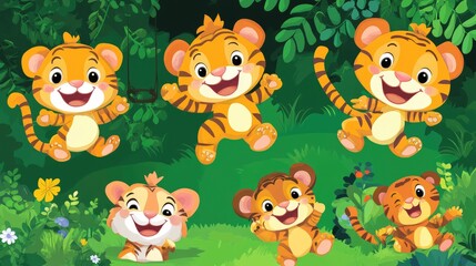 Naklejka premium Fun and Lively Cartoon Tigers Vector Set