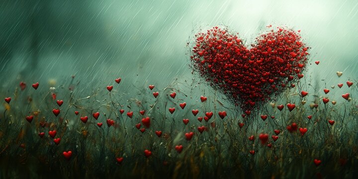 Bright red flowers are arranged in the shape of a large heart, surrounded by smaller heart shapes in a picturesque field. The overcast sky and gentle rain create a dreamy atmosphere, enhancing the bea