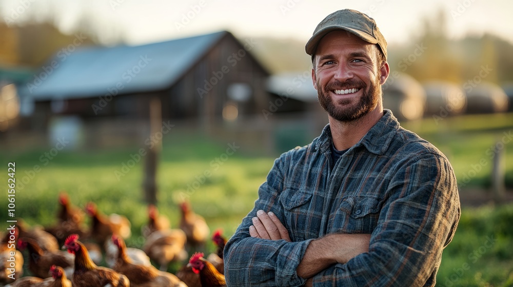 Poster man is standing in a field with a group of chickens. he is smiling and he is proud of his work