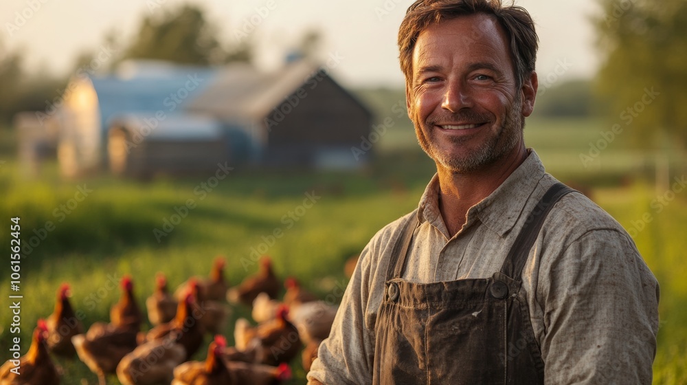 Poster man is smiling and standing in front of a group of chickens. concept of happiness and contentment, a
