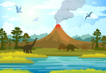 Cartoon vector illustration with silhouette of dinosaurs on the Jurassic period. Prehistoric landscape with forest, erupting volcano, smoke clouds, trees and blue river.