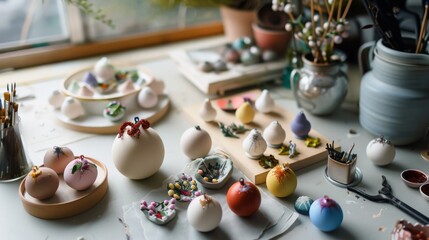 A creative workspace filled with handmade ornaments, capturing the intricate craftsmanship and festive spirit in an organized, vibrant setting.