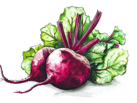 beetroot and leaves illustration, vibrant colors on a clean white background