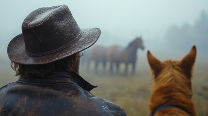 Obraz premium Man wearing a hat and a leather jacket is looking at a group of horses. The horses are in the background and the man is in the foreground. The scene has a rustic and adventurous feel to it