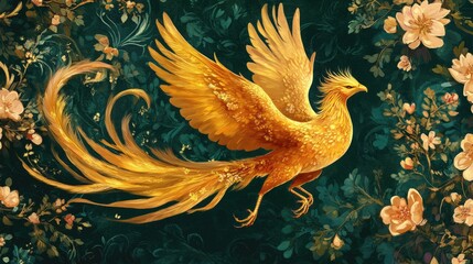 Obraz premium Golden Phoenix Amid Floral Accents in Artful Design
