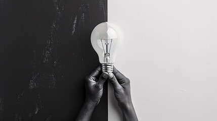 Black and White Light Bulb: Vertical collage of black and white images featuring an arm holding a light bulb, isolated on a painted white background.
