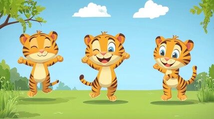Playful Cartoon Tigers in a Sunny Landscape