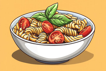 Bowl of pasta with tomatoes and basil, garnished with parmesan cheese, on a rustic wooden table. Sunlight casting shadows adds warm ambiance.
