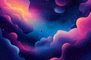 Abstract cosmic background with swirling nebulae, a planet, and stars.