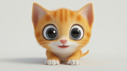 1 3D cartoon kitten with big round eyes and a playful smile, tiny paws forward, looking curious and adorable, isolated on white background
