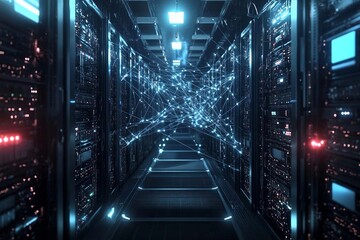 Fototapeta premium Exploring a vibrant data center with illuminated servers and connected networks. Generative AI