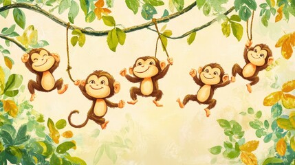 Cheerful Cartoon Monkeys Swinging in the Jungle