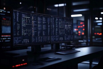 Illuminated monitors displaying code and data in a dark cyber workspace. Generative AI