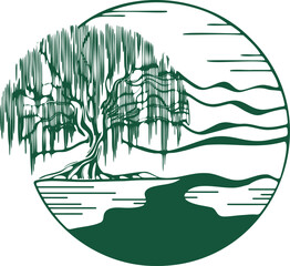 willow on the river bank with mountains in the background © Sergej Razvodovskij