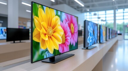 Sleek televisions on display in a modern electronics store, AI