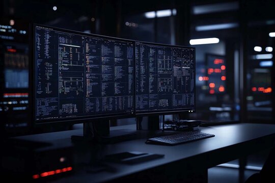 Illuminated monitors displaying code and data in a dark cyber workspace. Generative AI