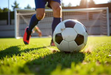 Fototapeta premium Soccer player running to kick ball on grassy field with sunlight and goalpost in background 