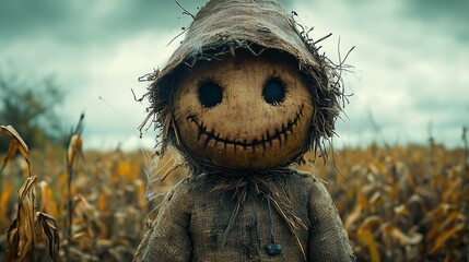 Portrait of a scarecrow, scarecrow with a creepy smile carved into a sack covering its head