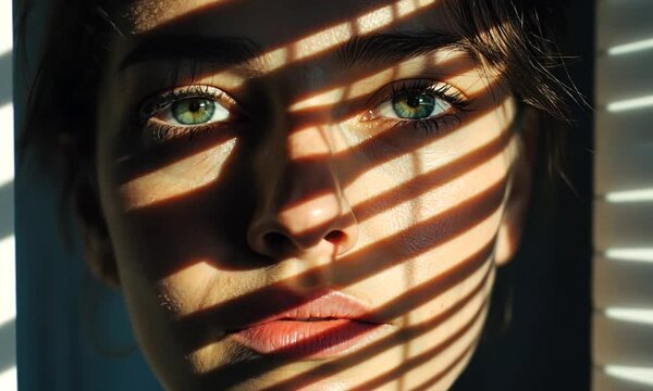 Close-up portrait of a woman with striking green eyes, framed by the shadow of blinds.