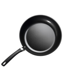 Black frying pan with a shiny surface on a transparent background.