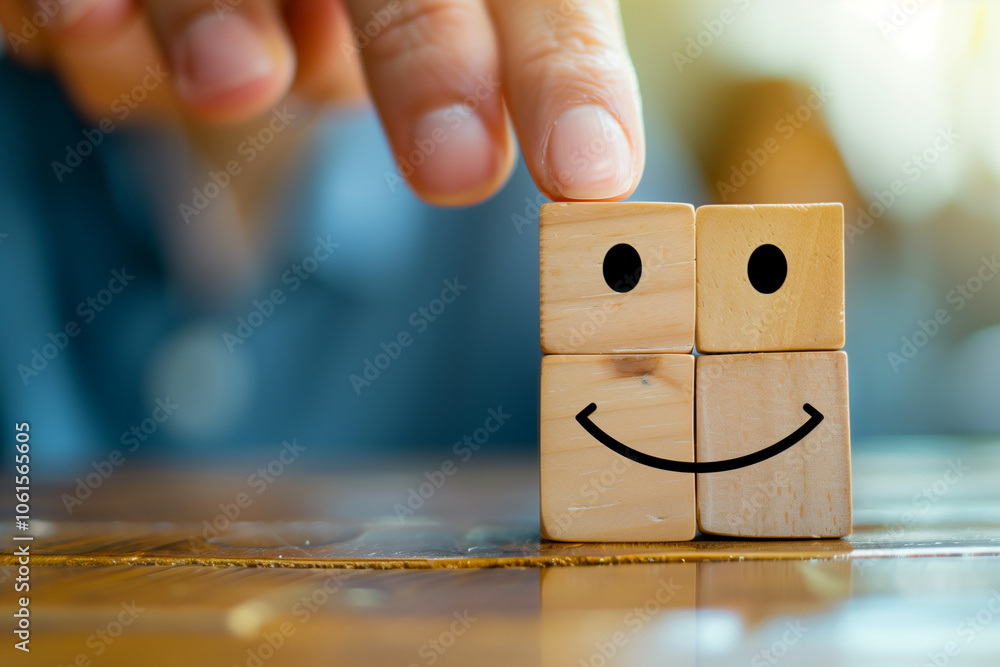 Poster customer service evaluation and satisfaction survey service rating concepts. wooden block cube with 