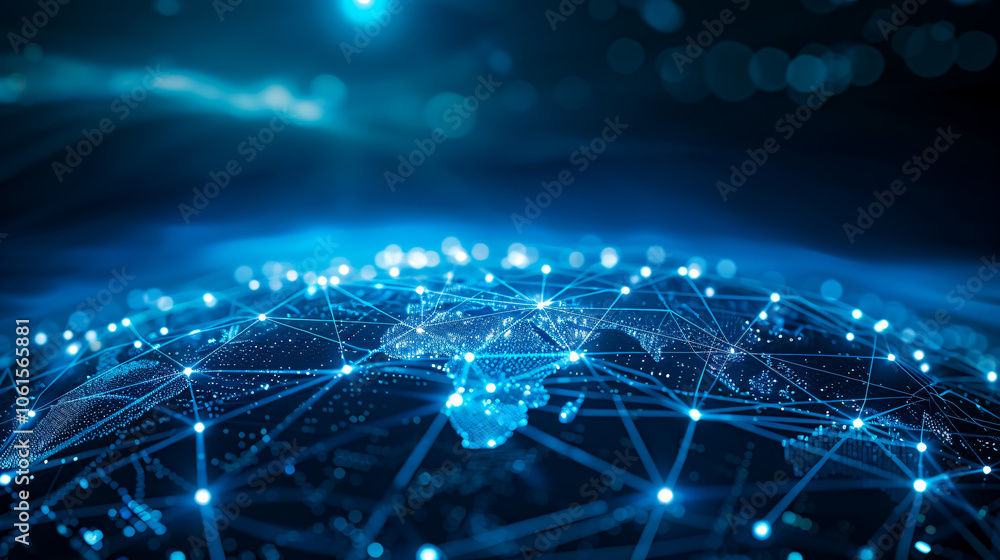 Poster view of a technology planet made of data connections represented by dots.