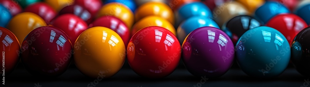 Poster row of colorful balls on a black background. the balls are of different colors and sizes, and they a