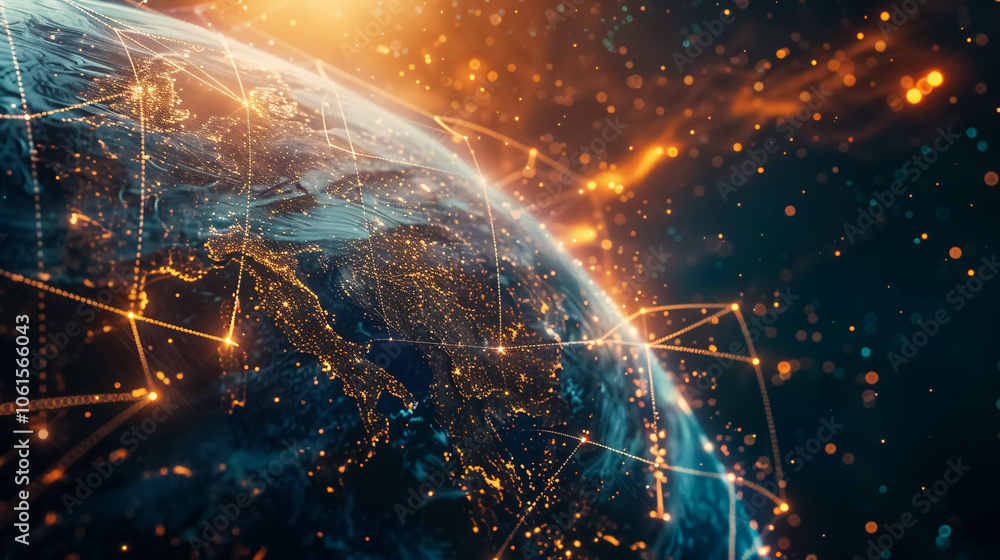 Poster view of a technology planet made of data connections represented by dots.