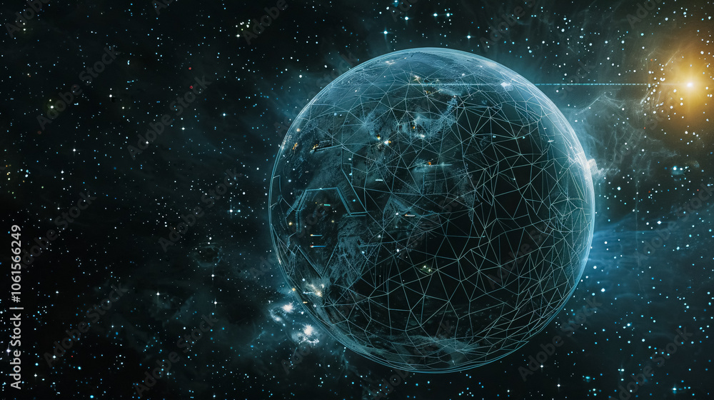 Poster view of a technology planet made of data connections represented by dots.