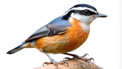 Colorful bird with blue, orange, and white plumage perched on a branch against a white isolated background.