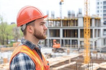 Fototapeta premium A construction worker in a hard hat and safety vest stands attentively, observing a busy construction site. Surrounding him are cranes and unfinished buildings, emphasizing the ongoing development in 