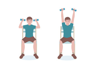 Exercises that can be done at-home using a sturdy chair.
With dumbbells, Extend the arms up, reaching above the head until they&rsquo;re fully extended. with Seated Shoulder Press posture. cartoon style.