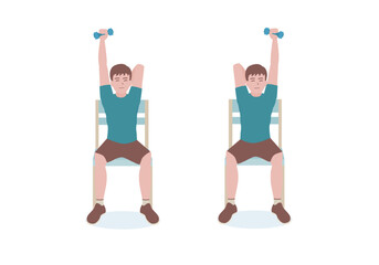 Exercises that can be done at-home using a sturdy chair.
Grab a dumbbell. Raise the one arm with a dumbbell over the head until it is fully extended.with Isolated Tricep Extensions posture. 