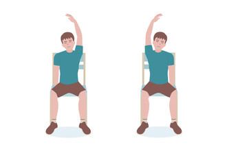 Exercises that can be done at-home using a sturdy chair.
With the right hand, grip the right side of the seat. Extend the left hand above the head making of a “C” with Seated Side Stretch posture. 