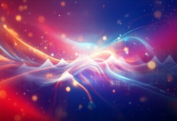 Abstract dark blue and orange background with glowing lines and bokeh.