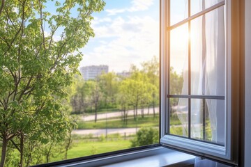 An open window with a mosquito net frames a vibrant sunset, casting warm hues over a lush green park. The neat grid adds a touch of elegance while providing a peaceful escape into natures beauty.
