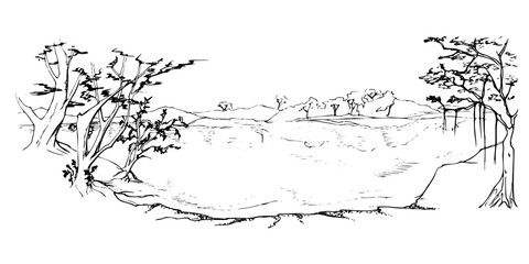 Jungle rainforest Amazon river lake shore with trees, mountains hills backdrop, body of water. Hand drawn ink vector illustration, isolated scenic landscape. Design travel, vacation, brochure, camping